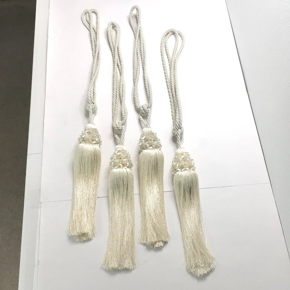 4 Large Drapery Curtain Tiebacks 11”Tassel 16”Rope Ivory Victorian Fairy Whimsy